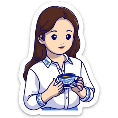 Ukrainian young girl with long brown hair in a white traditional embroidered shirt, cupping a small glowing blue light in her hands representing her soul sticker