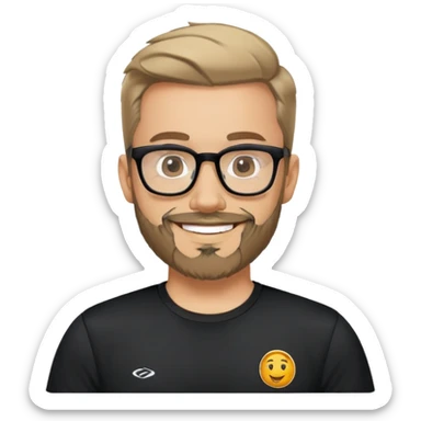 Man with light skin, full facial beard, short upswept hair, large black-framed glasses, smiling face, black sports fabric shirt sticker