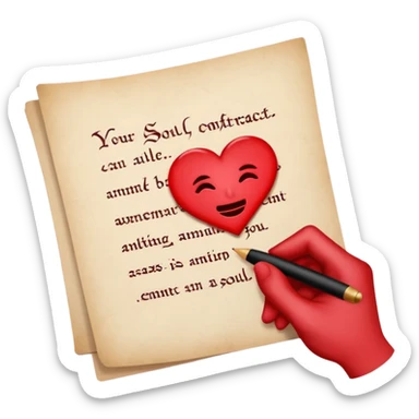 Minimalist emoji-style sticker of a pale hand signing a parchment contract titled “YOUR SOUL” in gothic font, muted red ink, grayscale background sticker