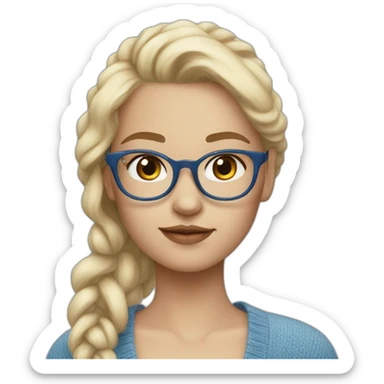 a blonde girl, 23 years old, with  white transparent glasses, very cute, with blue cardigan with clouds sticker