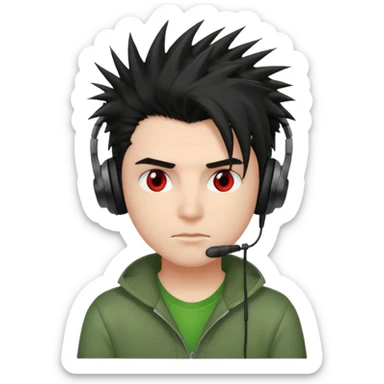 chico pelo medio largo ojos rojos y una camisa verde pelo tipo spike y unos audifonos pelo negro y mas voñuminoso sticker