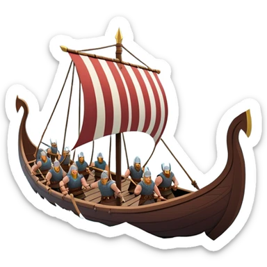 clash-of-clans-aesthetic_-cinematic-viking-longboat, rendered in a flat, bold vector style with minimal shading, featuring a striking dragon-headed prow slicing through icy, churning waters. shields on the side and vikings rowing The longboat’s intricately detailed shields and carved motifs evoke a sense of epic adventure and Nordic might, with billowing sails catching a dramatic, stormy sky backdrop. sticker