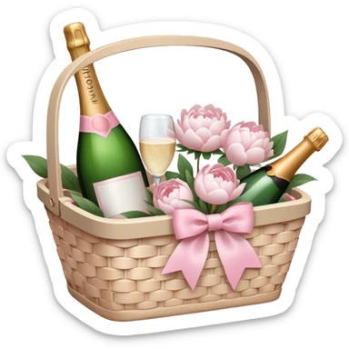 White Picnic basket with light pink bow and white peonies and one pink champage bottle inside sticker