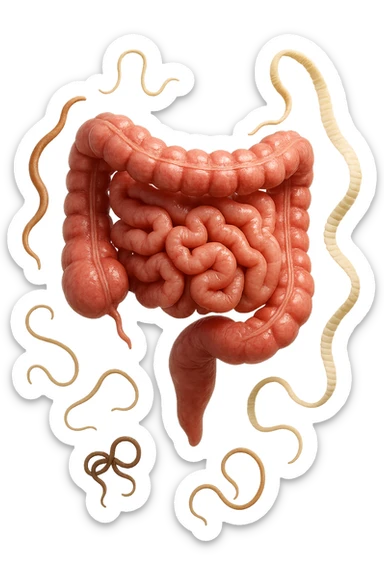 INTESTINO UMANO ANATOMICO REALISTICO FLUTTUA IN ARIA INSIEME A PARASSITI COME LA TENIA, SFONDO CHIARO, iperrealistico 4k sticker