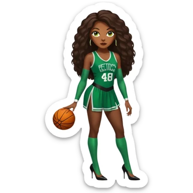 A 48-year-old black woman with long brown baylaige hair dressed in sexy 
celtics jersey costume outfit and stilettos  sticker