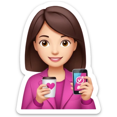 Social media manager. She has dark brown hair, brown eyes, a friendly smile. She is holding a smartphone and a coffee cup. Include subtle marketing elements like small icons of hashtags or a speech bubble, instagram logo. Use vibrant colors with a focus on pink and fuchsia tones. sticker