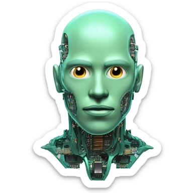 Pastel green bald male cyborg head with goatee and circuitry sticker