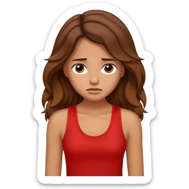 generate a pretty tan bratz girl with brown wavy hair long wearing a red tank top looking sad sticker