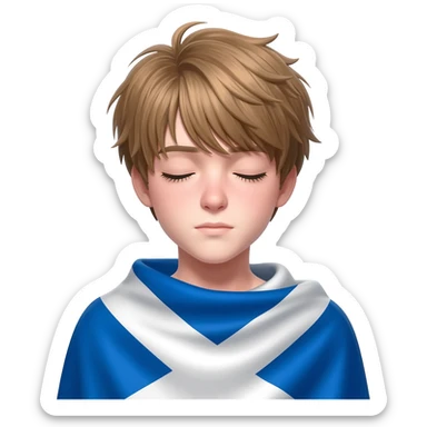 femboy with messy light brown bangs covering the eyes with scottish flag on his shoulders sticker
