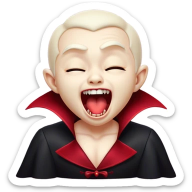 Cinematic Cute Yawning Vampire Portrait Emoji, with a small, rounded, charming pale face accented with tiny playful fangs and droopy, half-closed eyes, head tilted in an adorable wide yawn, dressed in miniature elegant dark attire with a hint of crimson, simplified yet irresistibly endearing, highly detailed with a soft, mysterious glow and gentle outline that captures the cute, drowsy side of an immortal! sticker