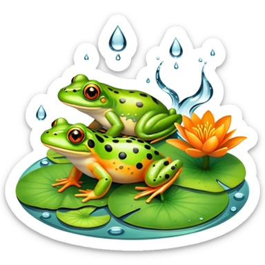 Icon for Amphibians: A colorful collage with various amphibians like a bright green frog sitting on a lily pad, a small salamander with orange spots, and a toad with bumpy skin. Water droplets around them and a pond in the background. Transparent background. sticker