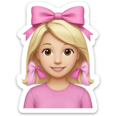 A mom with blonde hair and pink shirt coquett aesthetic style like bows and pink sticker