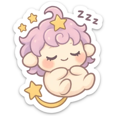 Chibi star spirit Stella Puff with fluffy pastel pink-lavender hair, five-pointed star swirl on top, soft plush ears, creamy white round body, short arms and legs, closed eyes with lashes, soft smile, floating yellow stars and “Zzz” above head, golden star tail, cheeks light coral pink, curled up like a pillow, floating, full body, super cute, transparent background sticker