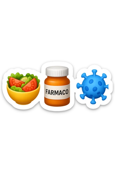 EMOJI STILE IPHONE DI una bowl di insalata, una boccetta di farmaco con la scritta "FARMACO" SULLA BOCCETTA E UN VIRUS, FLUTTUANO IN ARIA, IPERREALISTICO 4K sticker