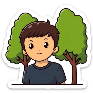 boy with straight short brunette hair brown eyes and tree behind sticker