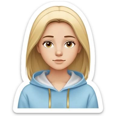 Woman with oval face, straight brown hair with blonde highlights parted to the side, dreamy expression, wearing a light blue hoodie with gold and white accents sticker