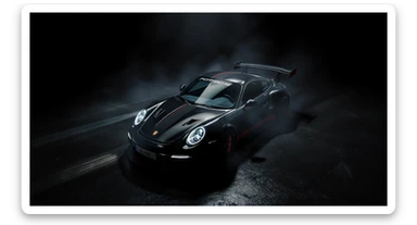 Cinematic shot of a porsche 911 gt3 rs, top dutch angle, black voide around, top spotlight, captured on arri alexa sticker