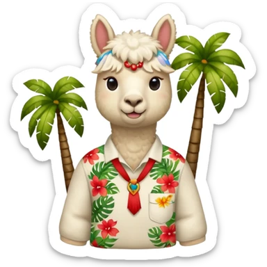 White alpaca wearing tropical shirt with red name tag  sticker