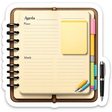 daily planner agenda cream leather with open page and pen with stickynotes sticker