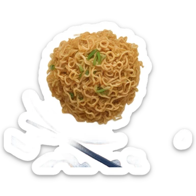 Chinese fried noodle in white and blue plate with orange spoon sticker