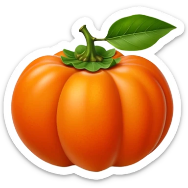 whole persimmon fruit with smooth glossy orange skin, flattened round shape, green leafy calyx on top with soft folds and natural texture, slightly dimpled surface suggesting ripeness and firmness, no leaf cut or extras, soft lighting, subtle shadows, emoji scale sticker