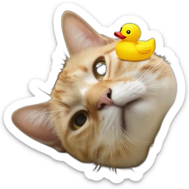 Cat upside down with a yellow rubber duck on top sticker