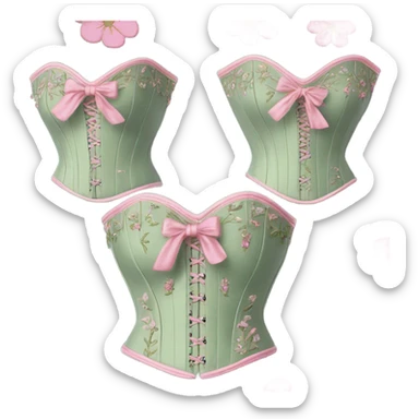 Sage green corset with flower embroidery and pink bows, isolated sticker