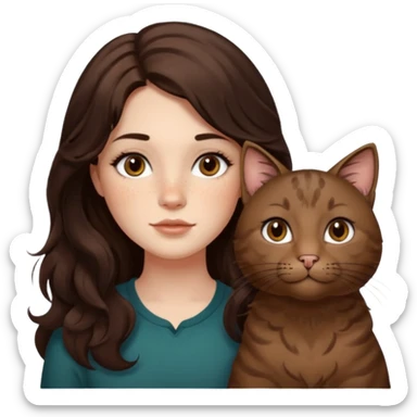 Uzun koyu kahverengi dalgalı saçlı, çenesinde beni olan ve yüzünde biraz çiller olan, iri koyu kahverengi bol kirpikli gözlü sevimli bir yüzü katlı kesim bir saçı olan kadın yap yanına da kilolu tamamen kahverengi bir kedi yap sticker