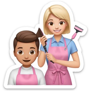 happy woman in pink apron getting a haircut from smiling female hairstylist sticker