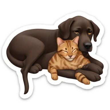 Dark brown labrador with bengal cat sleeping on top of each other  sticker