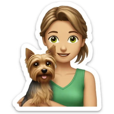 Girl with brown hair and green eyes is holding a silky terrier dog  sticker
