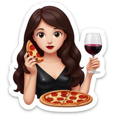 Beautiful woman in 1950’s woman fashion look, black shimmery dress, long dark brown hair, red wine, Pepperoni pizza sticker