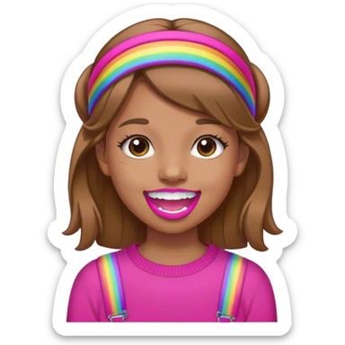 A girl with light brown hair. She is wearing a hot pink headband and has braces on her teeth. She is wearing a hot pink sweater with a rainbow on it. sticker