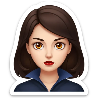 brunette lady with a menacing, dreadful aura, simplified features, strong vibe, Apple emoji style sticker