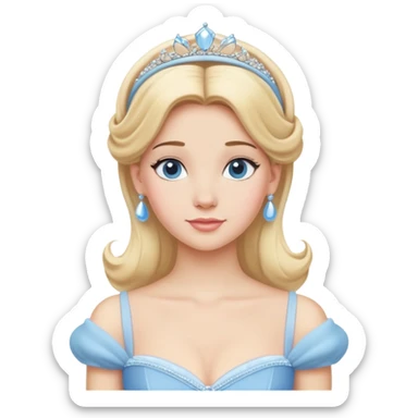 Cinderella from hips up, classic light blue ballgown, blonde hair with headband, minimal style but very recognizable sticker