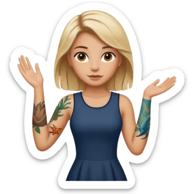 Blonde white girl with dark roots, sunkissed tan, and marine life tattoos on one arm wearing brown dress. Brown eyes sticker