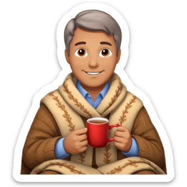 Cozy handsome middle aged man sitting next to a nice fireplace with a hot apple cider, blanket, and plate of chocolate cookies. sticker