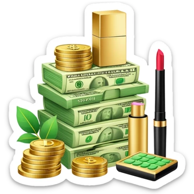 gold scale with a stack of green dollar bills and coins on one side and beauty products including lipstick, perfume, and makeup on the other sticker