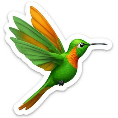 El colibrí simboliza equilibrio y movimiento, cuerpo  tonos verdes y naranjas suaves. Su expresión es amigable y sabia, con ojos grandes y cálidos que transmiten cercanía. El pico ligeramente inclinado hacia abajo refleja concentración y reflexión. sticker
