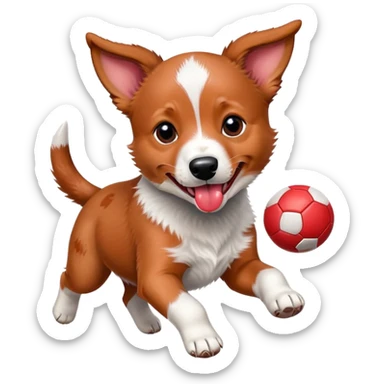 Playful red heeler puppy with tongue out, running with a ball sticker