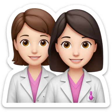cientificas con blusa rosa y bata blanca felices, una chica con pelo marrón y otra chica con pelo negro sticker