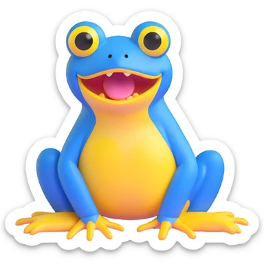 blue frog with a big yellow mouth and wide eyes, sitting, looks silly and sweet, suitable for kids, daily expression, circle time helper sticker