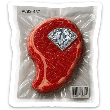 meat steak with sparkling diamond facets, glossy and puffy, vacuum-sealed style sticker