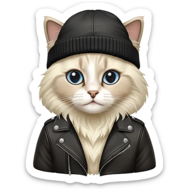 A ragdoll cat wearing a leather jacket and a beanie sticker