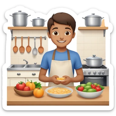 smiling boy in kitchen with food sticker