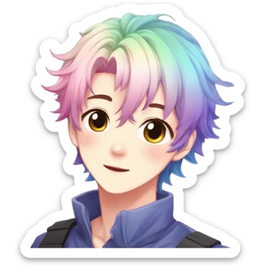 Gorgeous anime style shojo man with blushing face aesthetic and pretty colorful shiny gradient pastel hair trending style sticker