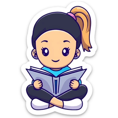 Cute girl with ponytail reading from an open notebook sticker