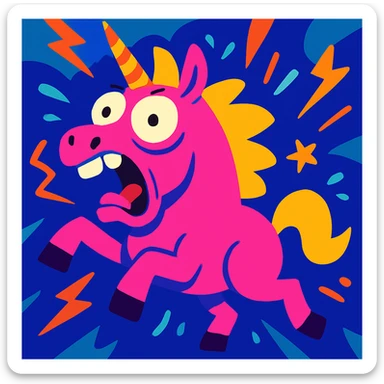 neon pink unicorn in chaos, exaggerated expression, vibrant colors, cartoon style, energetic, playful sticker