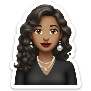 lit brunette young girl with long wavy hair, red lipstick and grey eyes, with pearl earrings and black dress  sticker