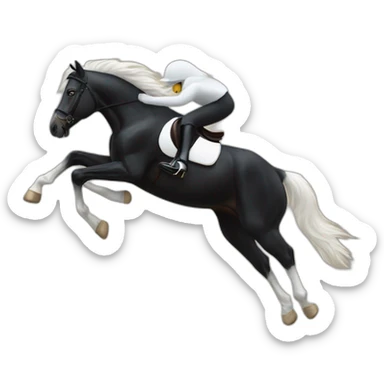 a BLACK HORSE JUMPING AN OBTACLE, THE HORSE HAS A WHITE BLAZE AND THREE WHITE SOCKS sticker